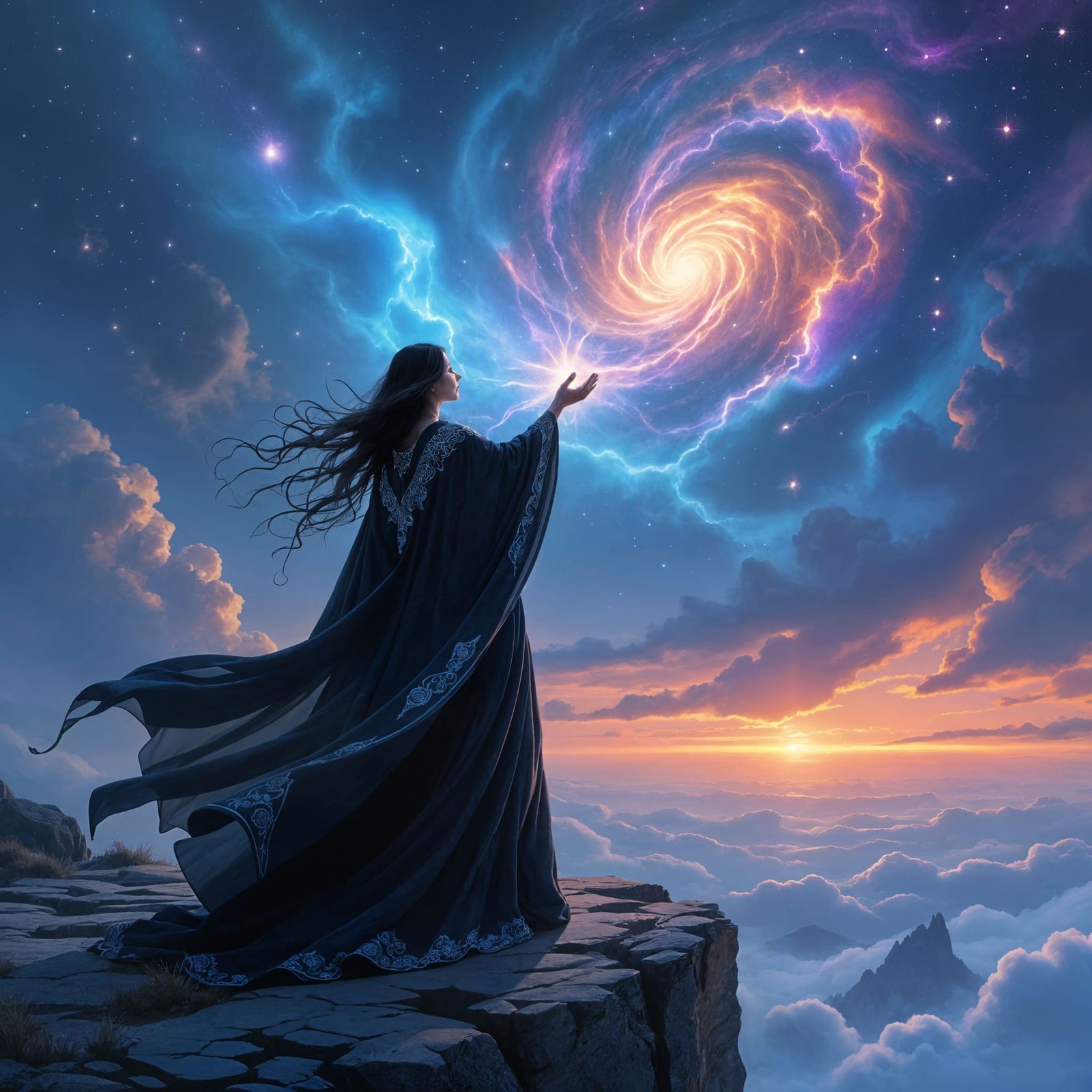 Sorceress on Windswept Cliff in Painterly Style