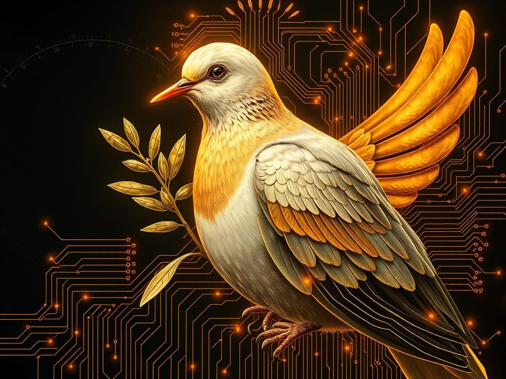 Hyperrealistic Cyberpunk Dove Portrait with Circuit Diagram