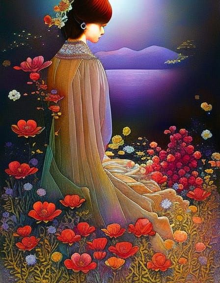 Woman in Floral Room, Gouache Painting with Vivid Colors