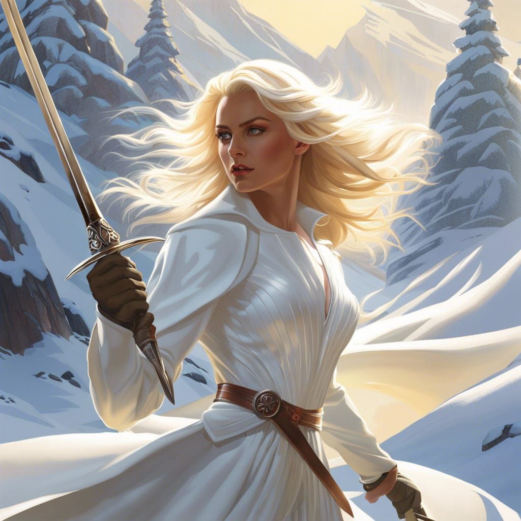 Blonde Woman with Rapier in Snowy Landscape