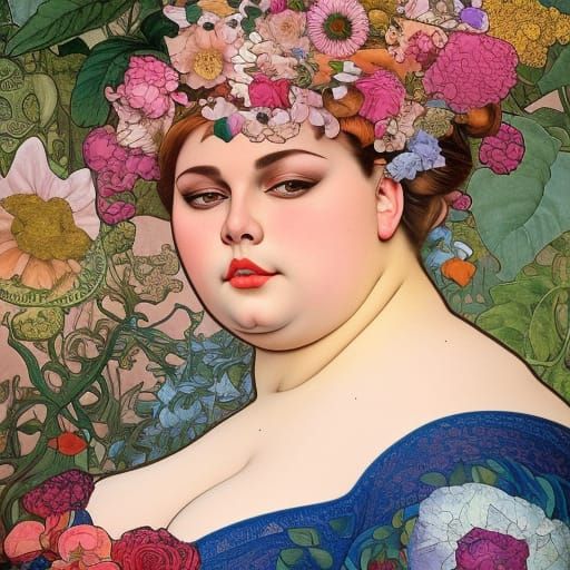 Gorgeous Plus-Size Woman with Flowers in Classical Style