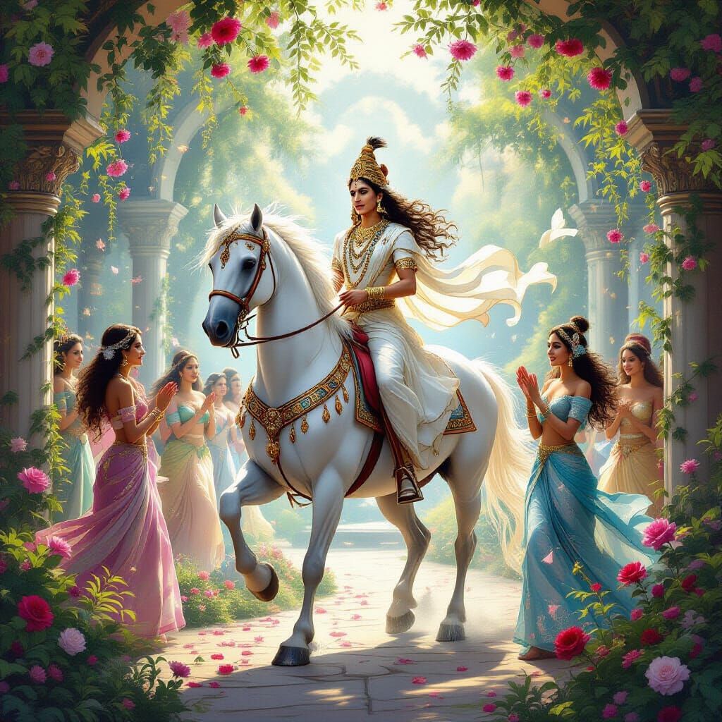Kalki on White Horse in Celestial Garden Painting