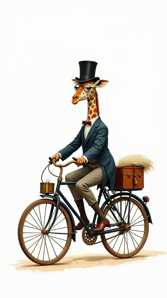 Giraffe in Top Hat on Bicycle, Gouache Style