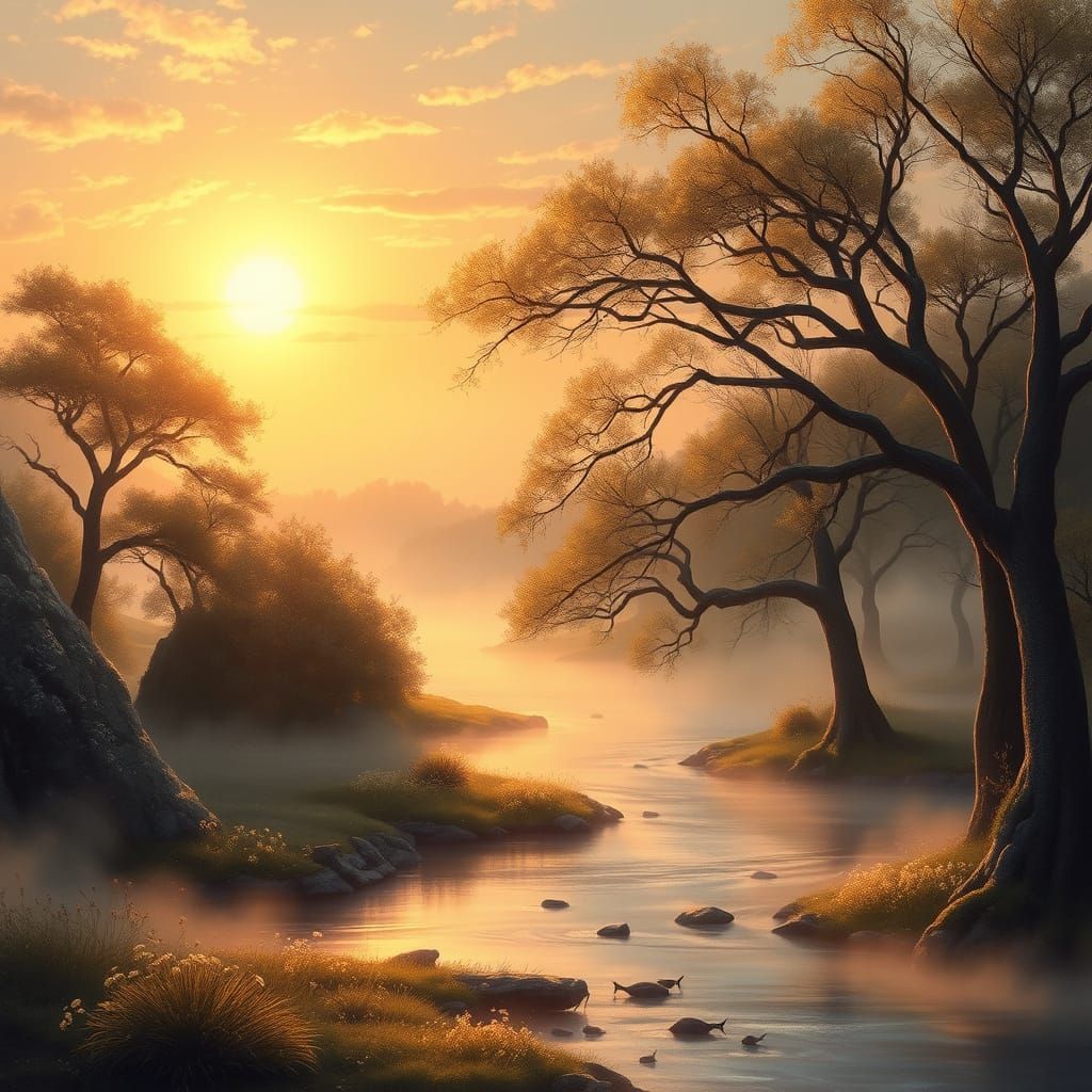 Ethereal Fantasy Landscape at Sunset in Thomas Kinkade Style