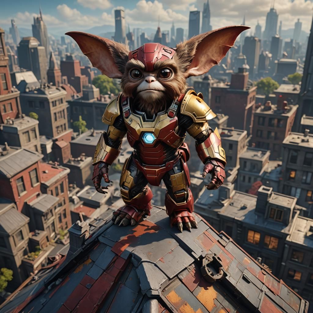Gizmo Gremlins as Iron Man on Skyscraper Roof