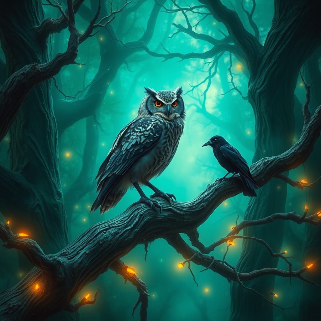 Majestic Owl and Raven on Ancient Branches in Fantasy Landsc...