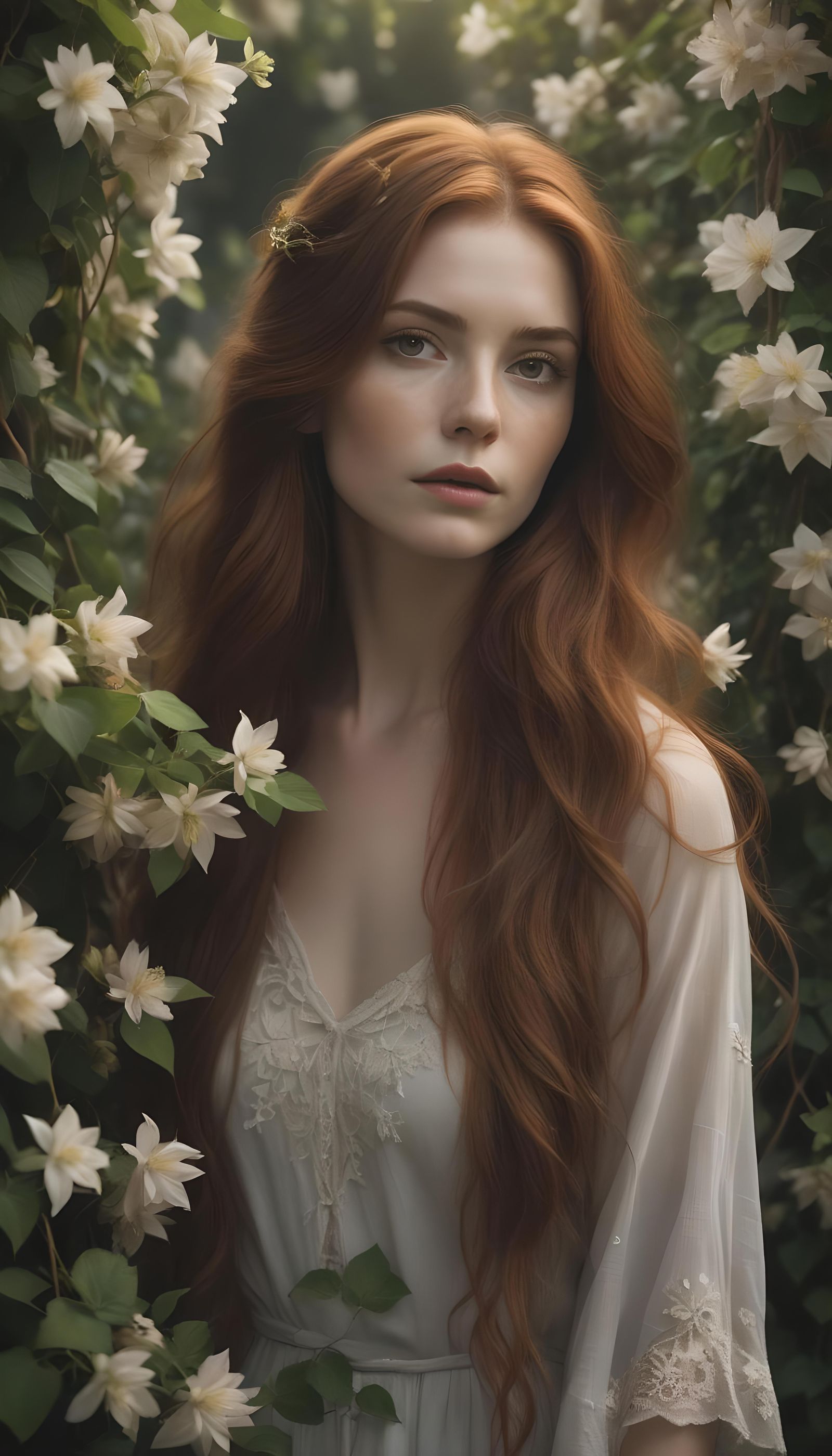 Auburn Beauty Surrounded by Clematis Flowers