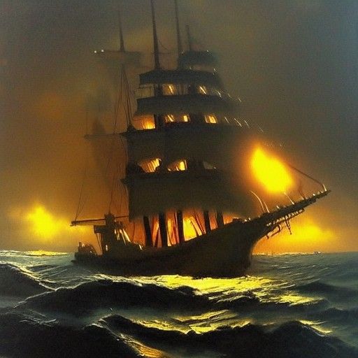 Pirate Ship Sails Through Stormy Night as Oil Painting