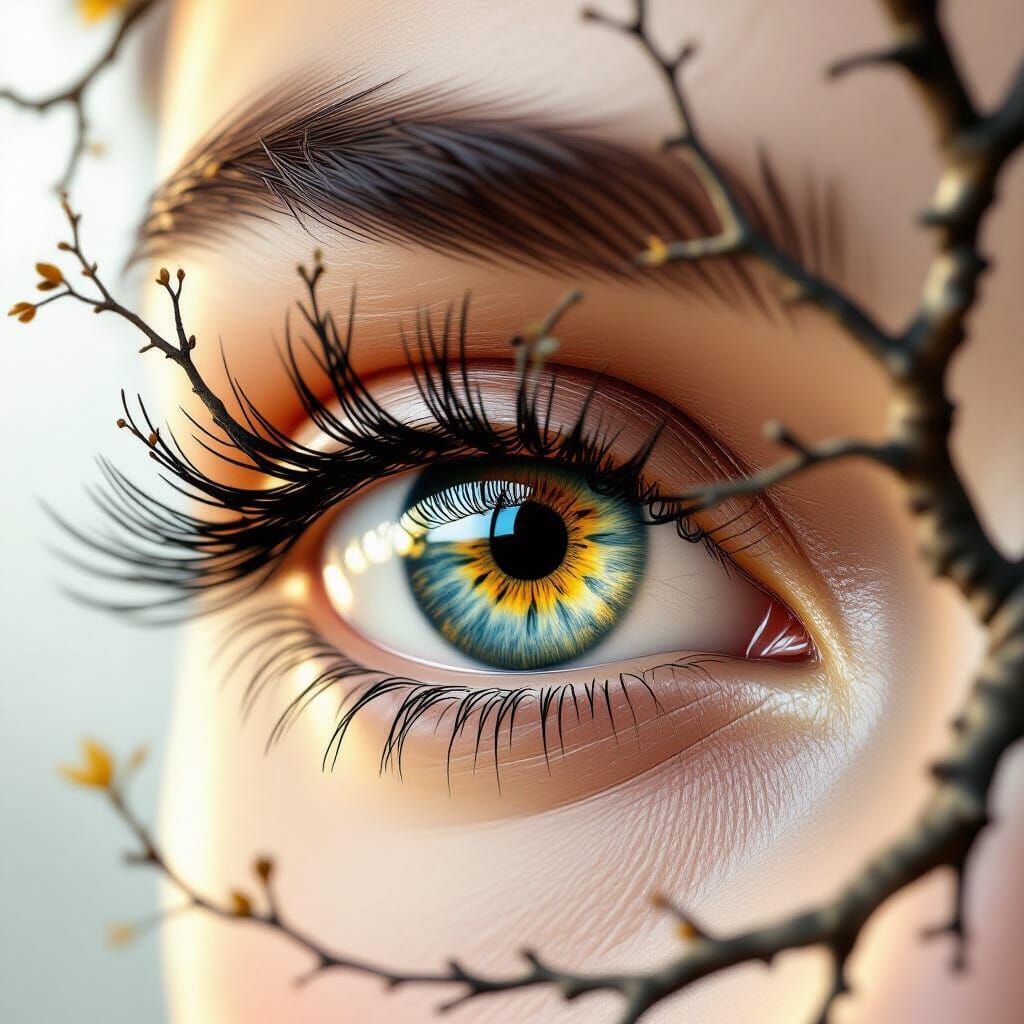 Hyper-Detailed Eye with Tree Branch Lashes in 8K