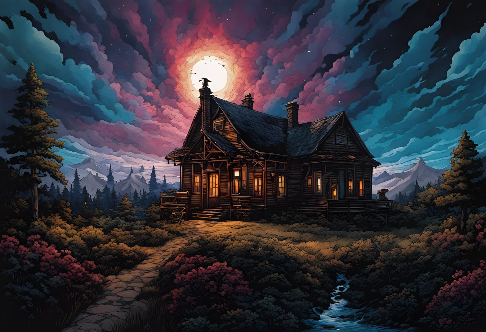 Intricate Manor in Ink and Watercolor Style