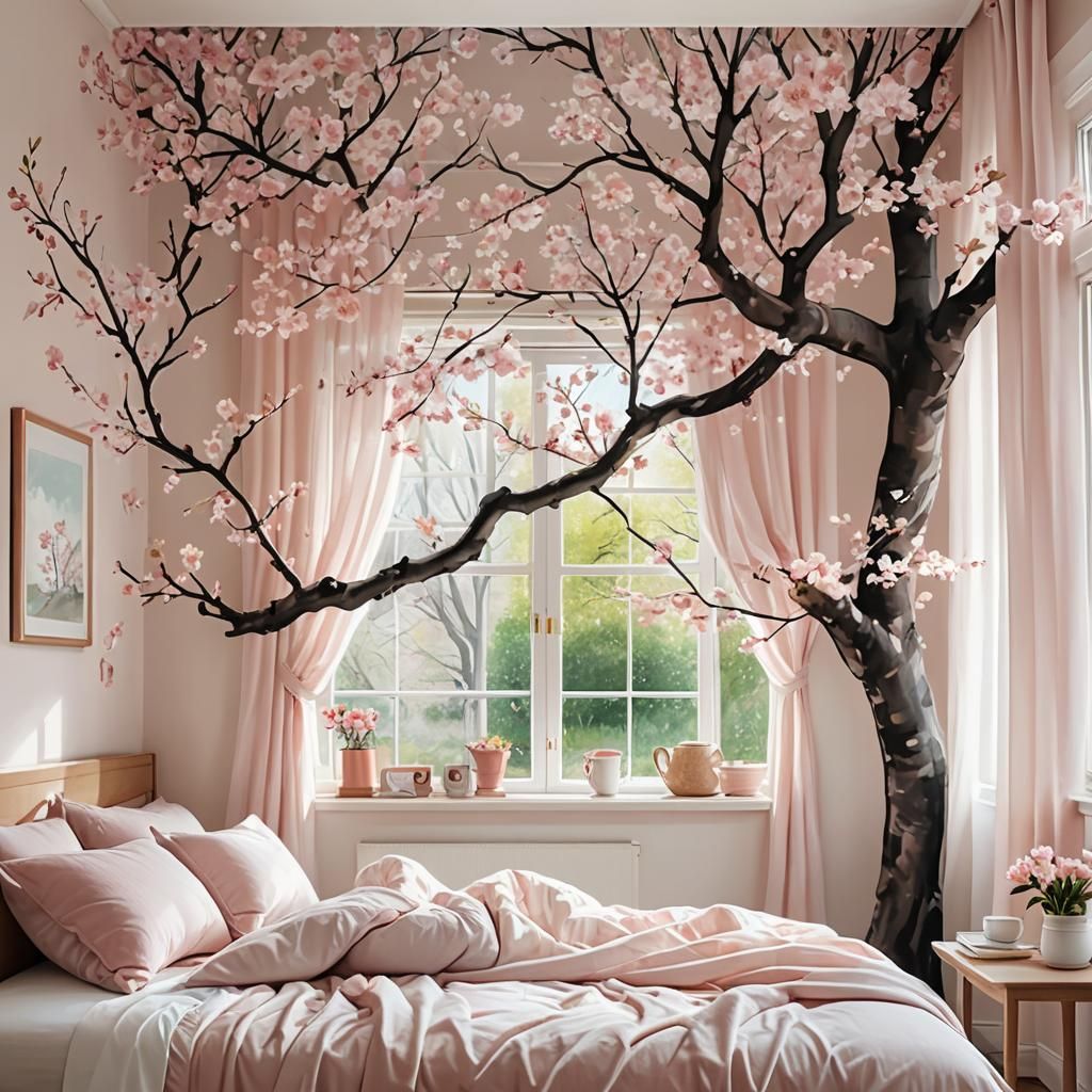 Cherry Blossom Wall Sticker in Pastel Bedroom