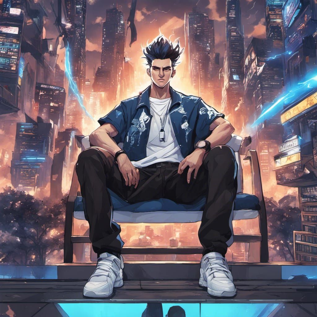 Gigachad on Throne in Cyberpunk City