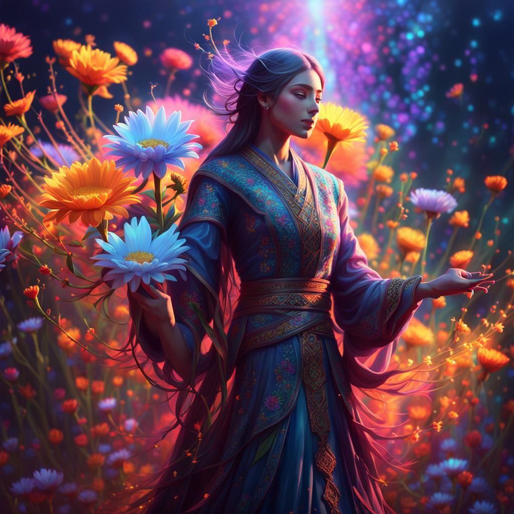 Mystical Figure Sowing Glowing Flowers: Digital Art