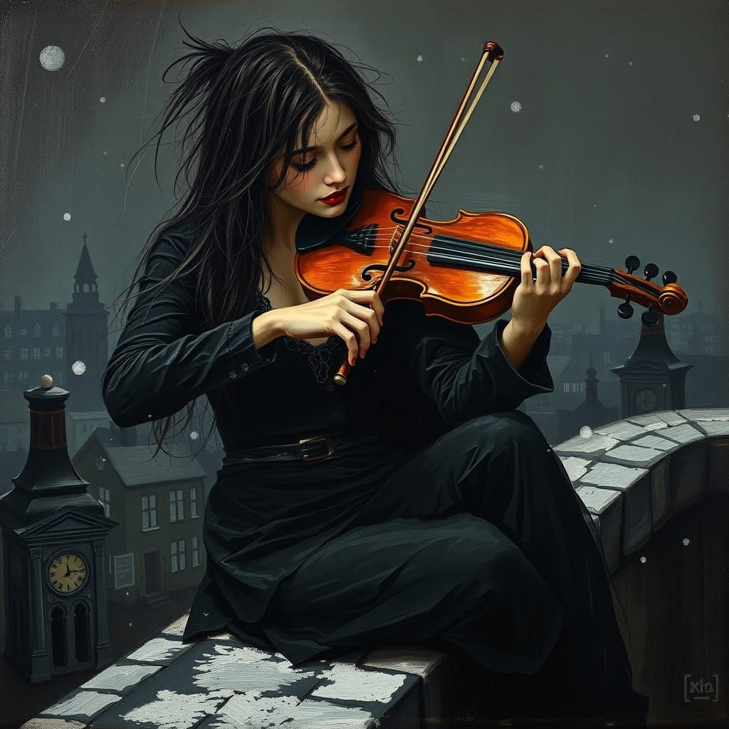 Melancholic Fiddler on Snowy Rooftop: Expressive Dark Art