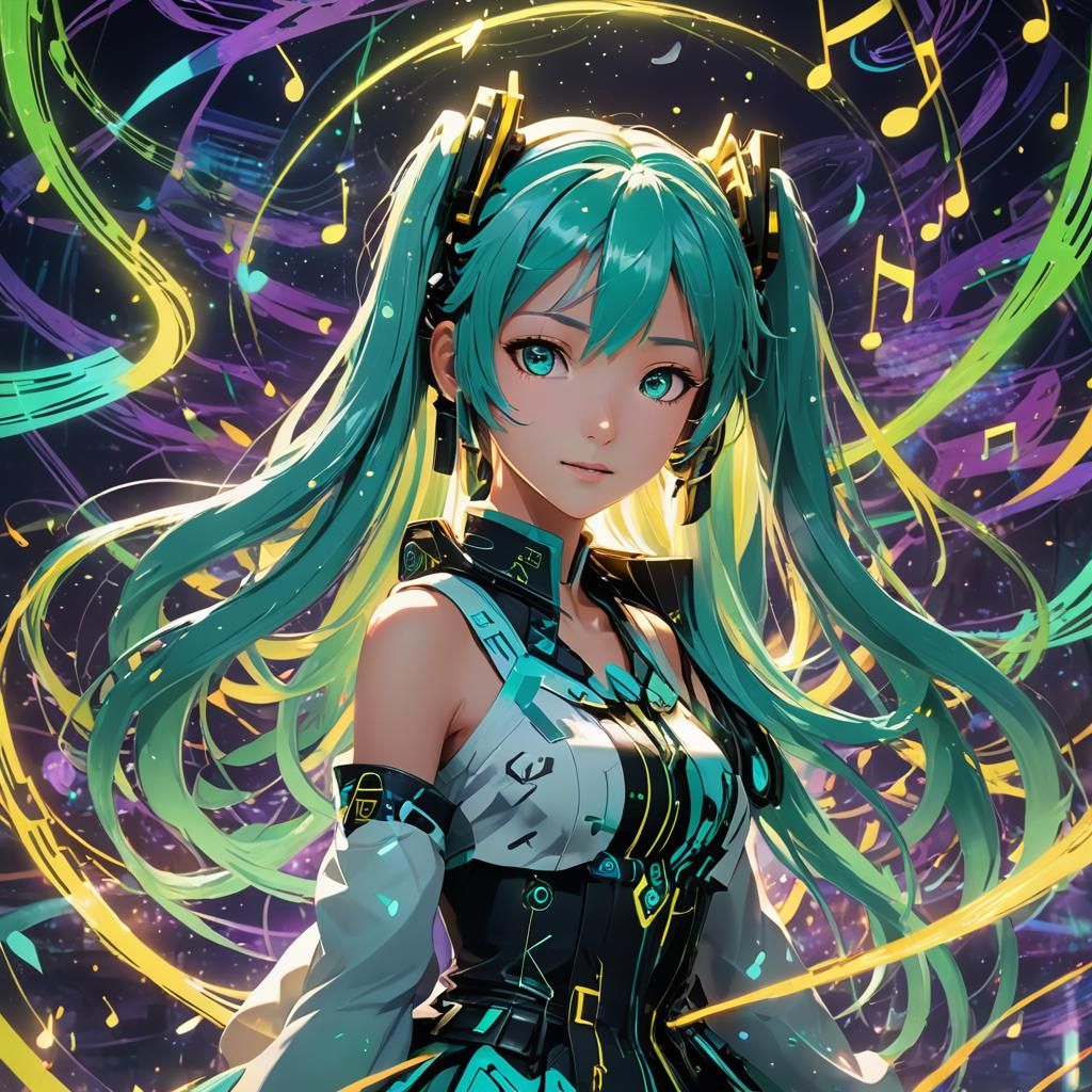Hatsune Miku in Glowing Digital Fantasy Art