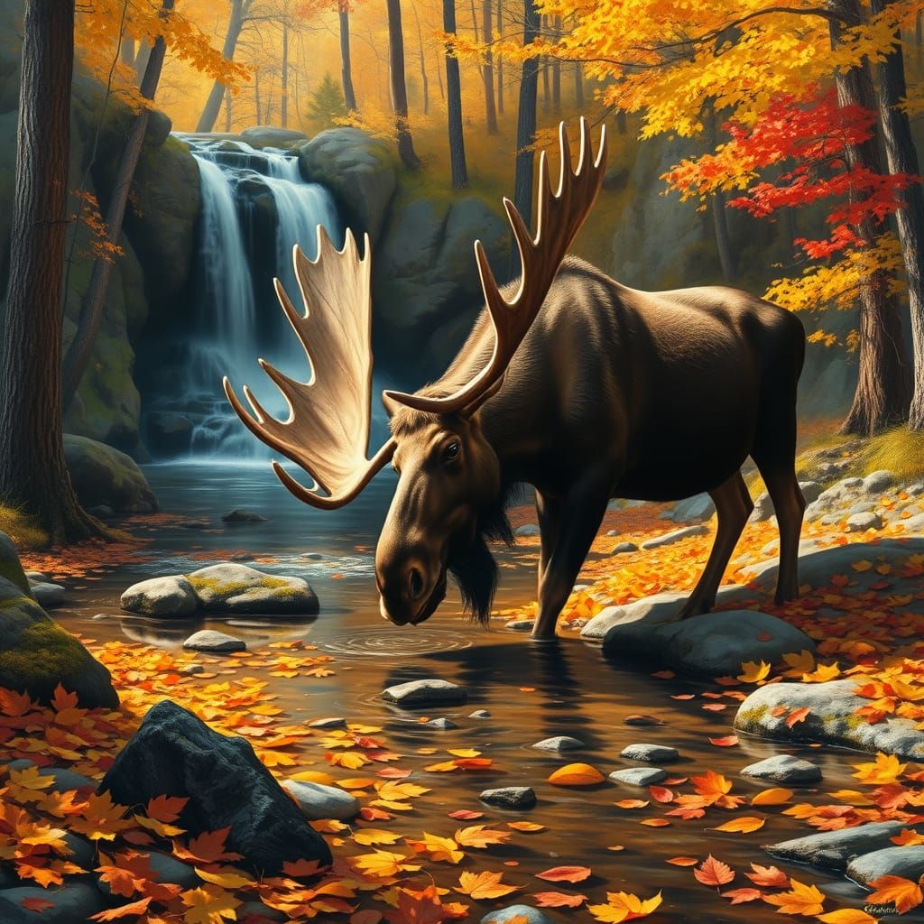 Majestic Moose in Autumn Forest Oil Painting