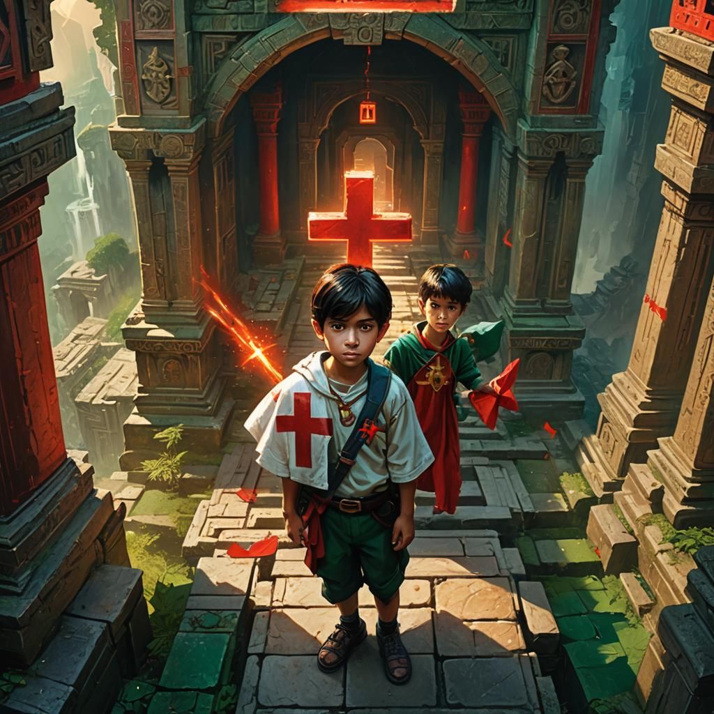 Boy with Glowing Red Cross in Ancient Temple