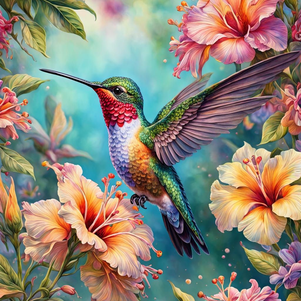 Exquisite Tropical Hummingbird in Watercolor Realism