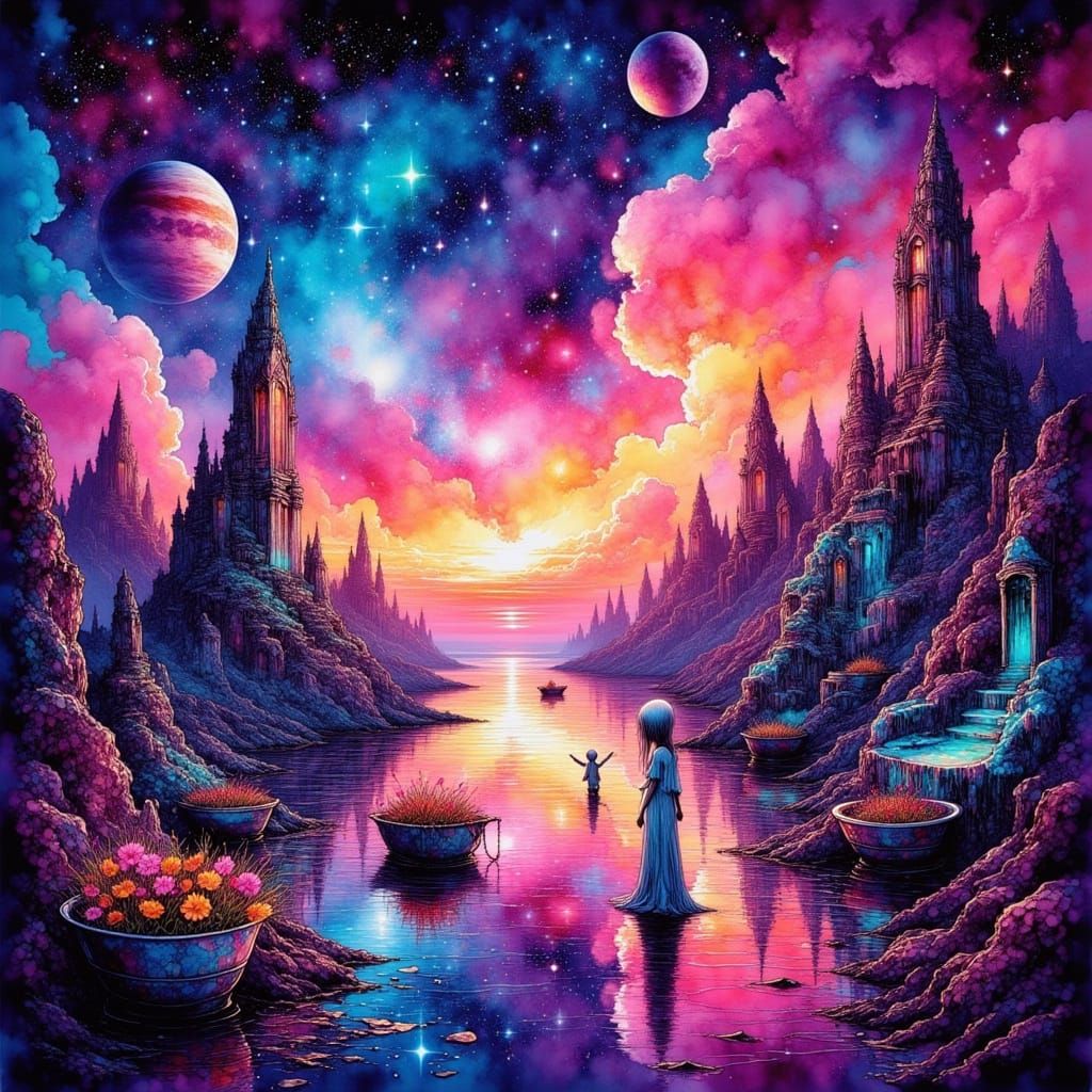 Vibrant Psychedelic Alien Space Scene with Crystal Asteroids