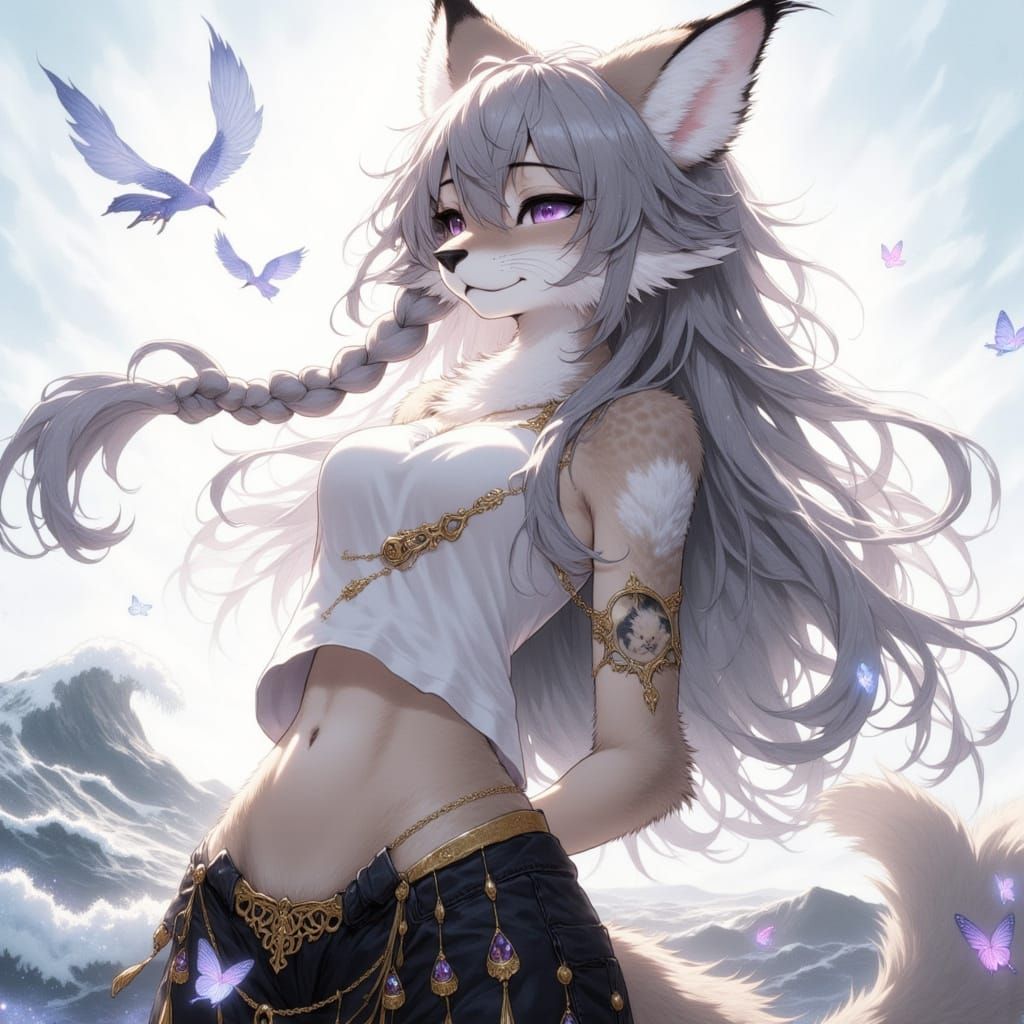 Furry Lynx by the Ocean in High Fantasy Art Style