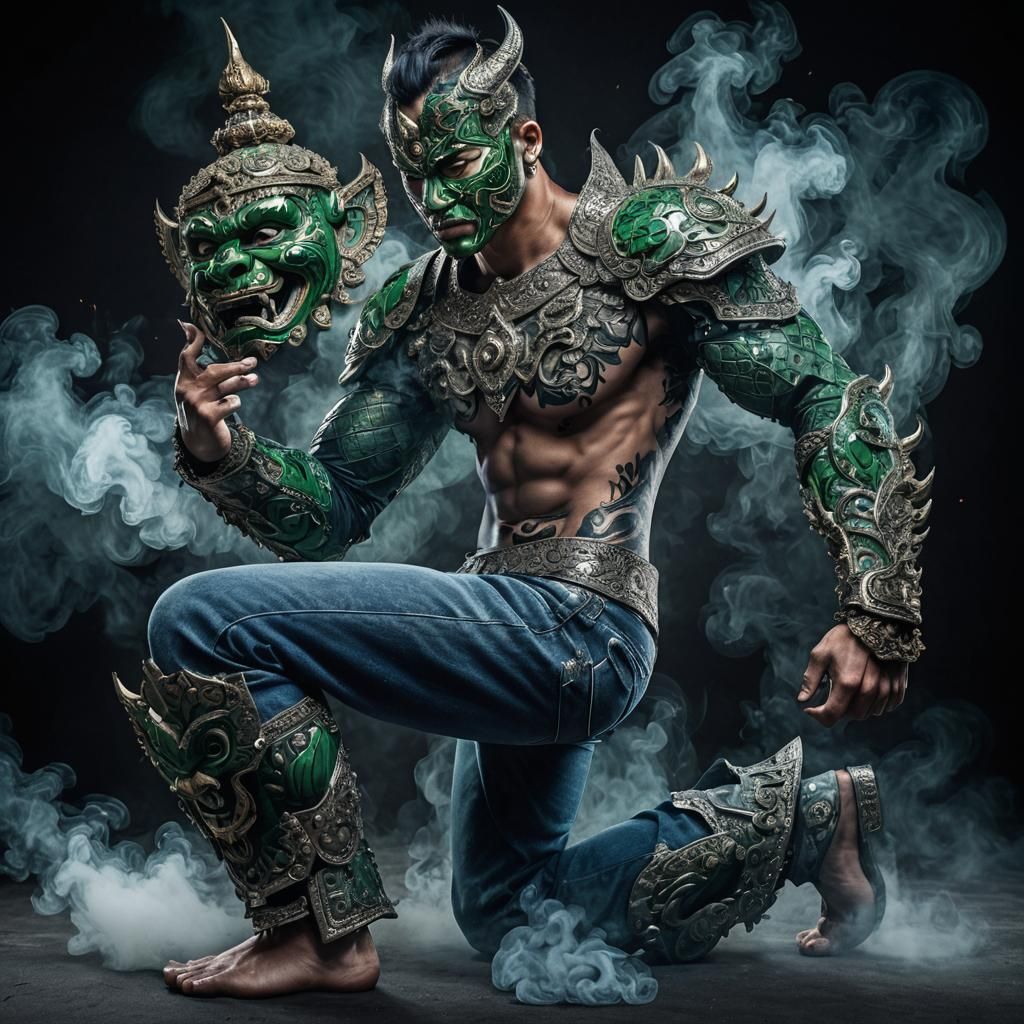 Boy in Hero Pose with Khon Mask, Thai Armor