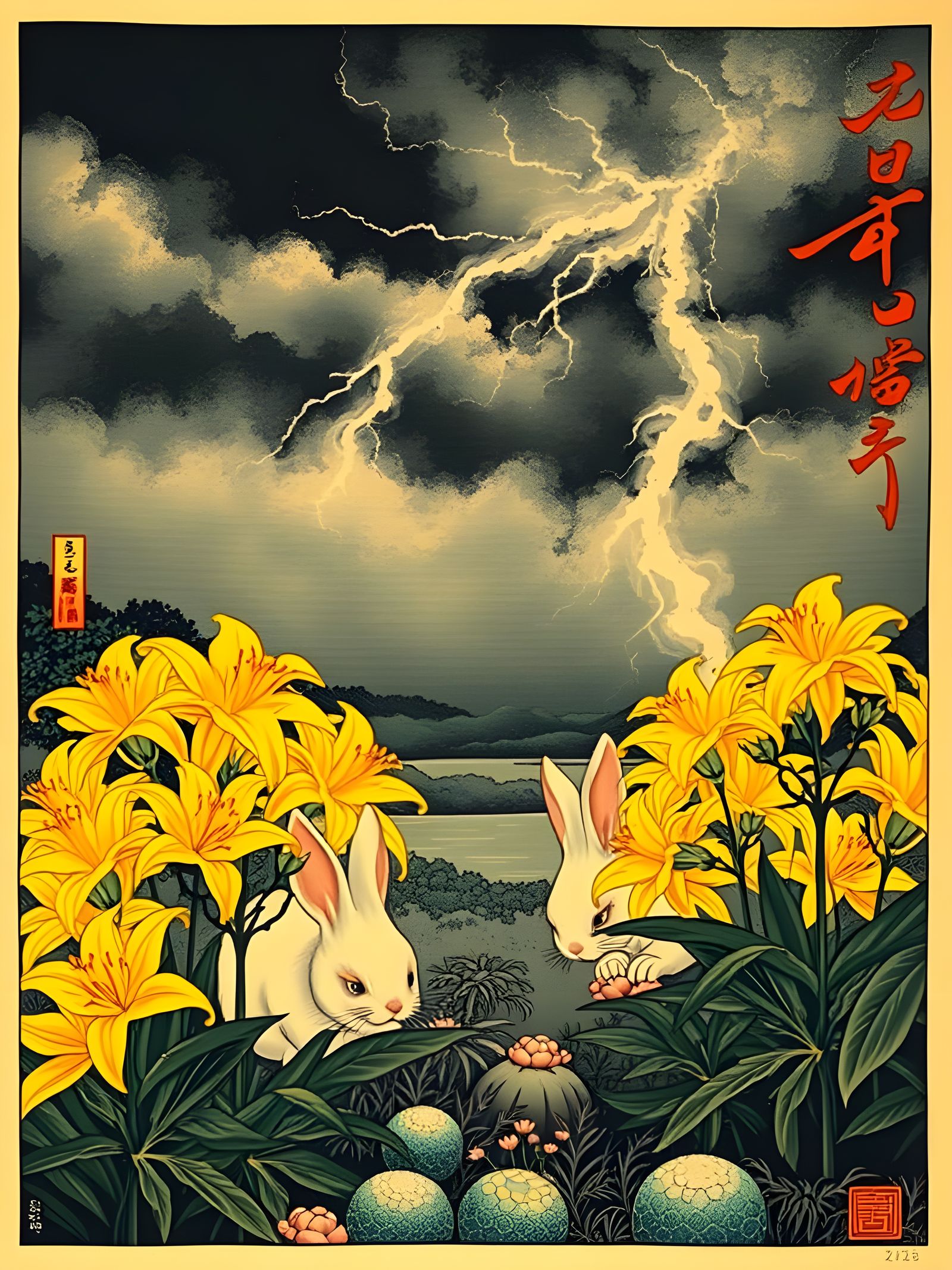 Surreal Japanese Garden Scene with Fluffy Baby Bunnies and S...