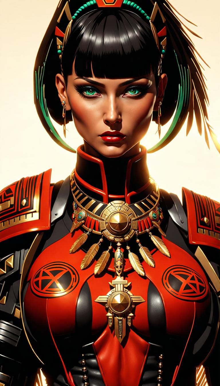 Aztec Warrior Woman in Cyberpunk Servo-Armor