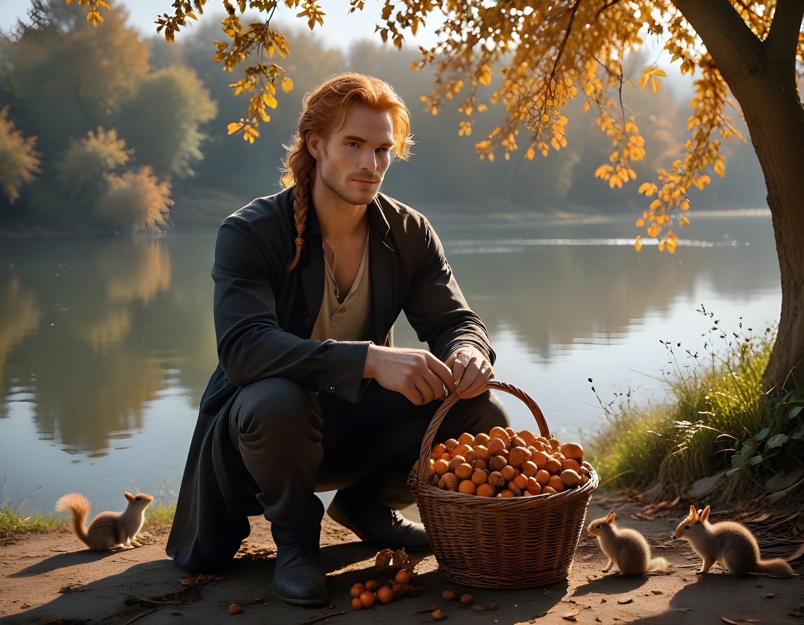 Handsome Savage Man With Walnuts In Autumn Mist