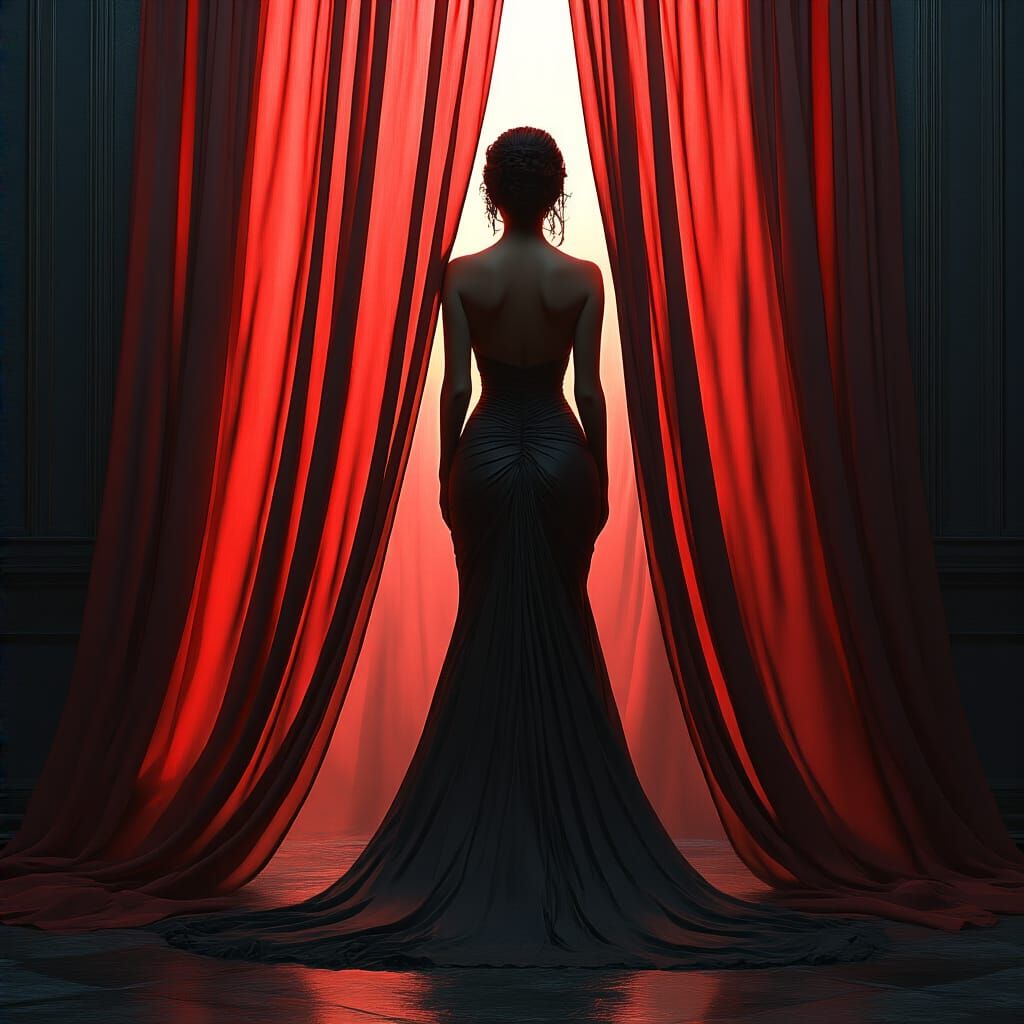 Voluptuous Woman Behind Red Charcoal Curtains