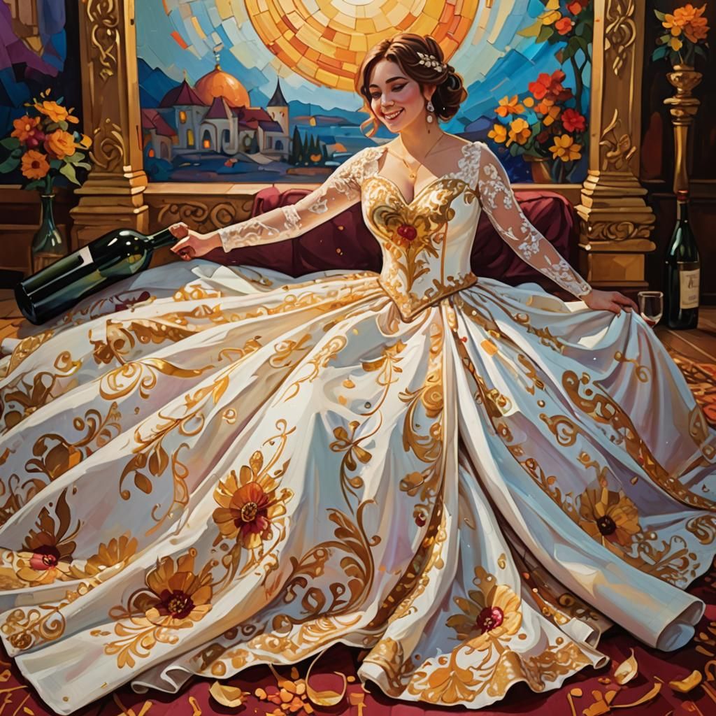 Smiling Bride with Wine Bottle: Triadic Color Oil Painting