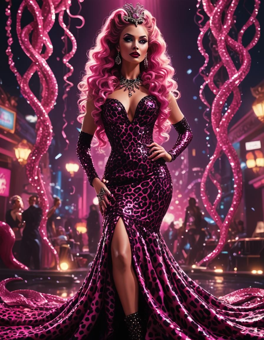 Glamorous Showgirl Mermaid in Dark Pink Leopard Print