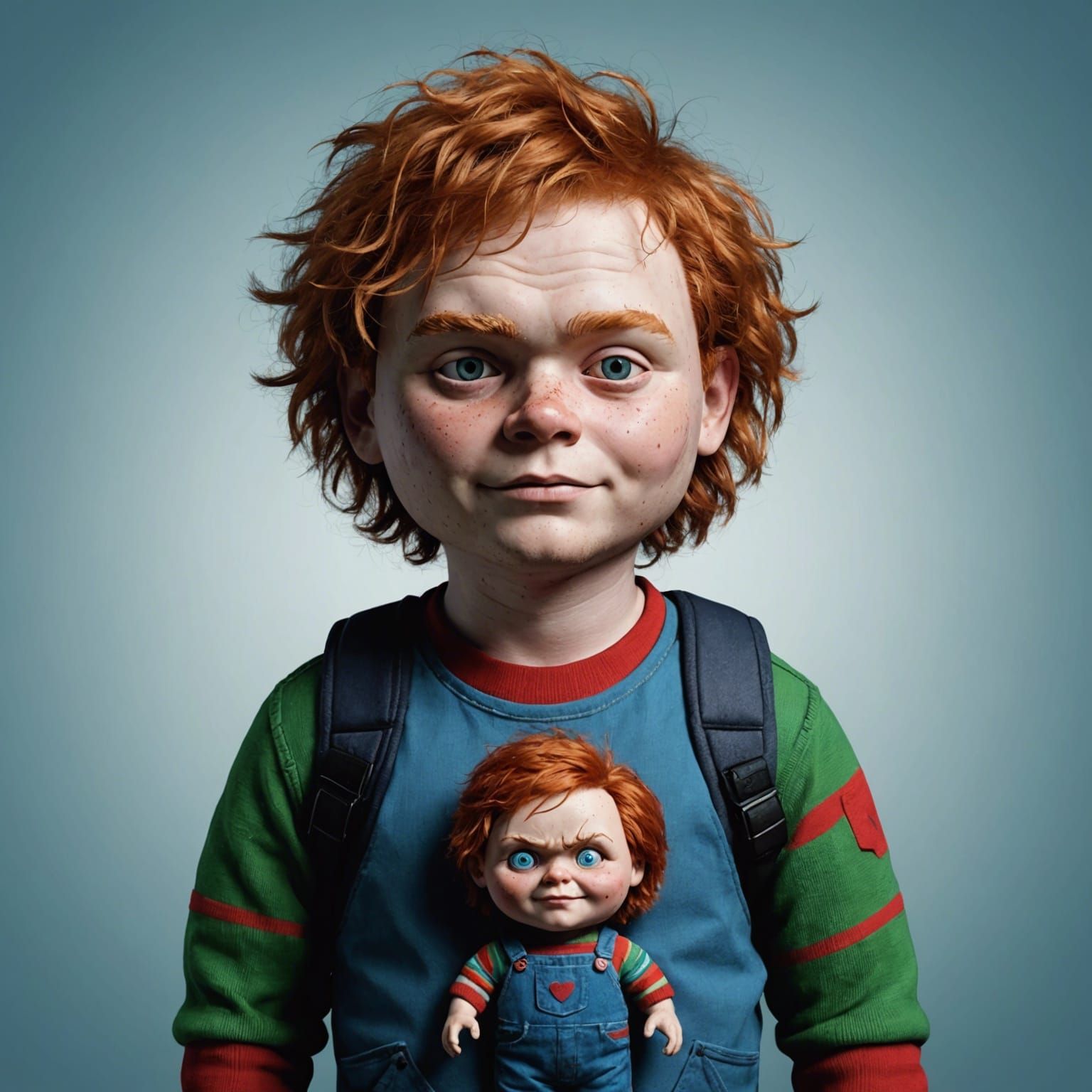 A person with a mixture of Ed Sheeran’s face and a Chucky do...
