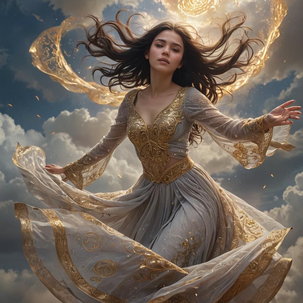 Ethereal Girl Levitates in Art Nouveau Fantasy