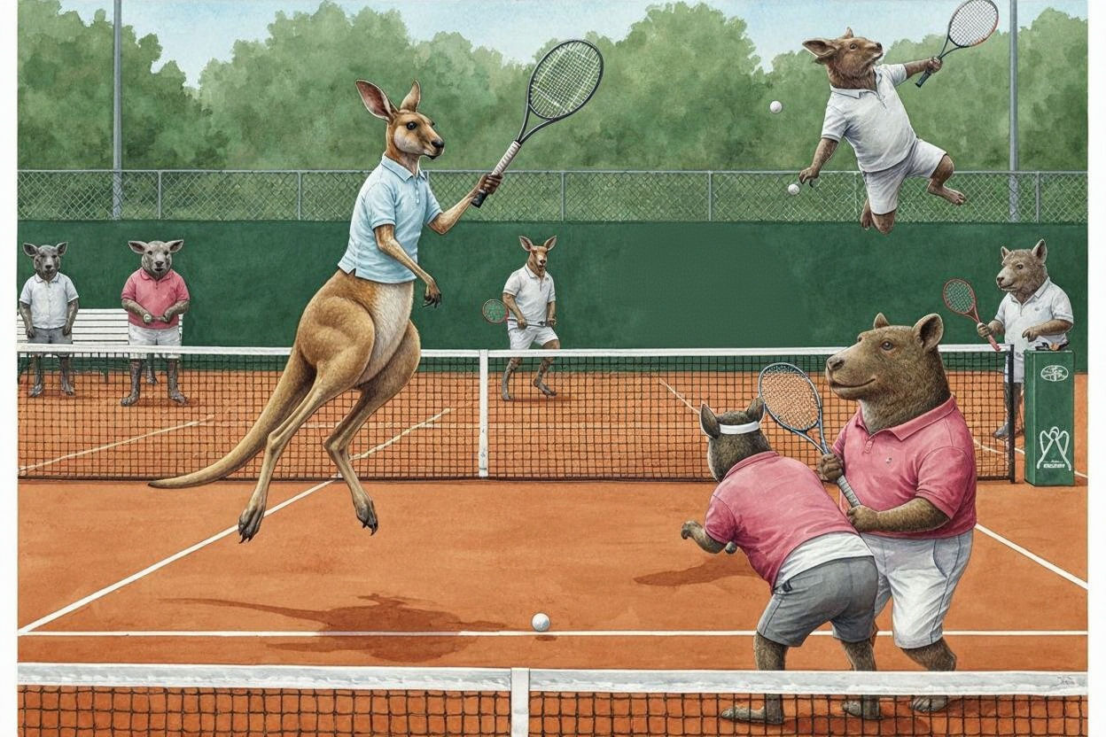 A realistic scene of several animals playing tennis on a pro...
