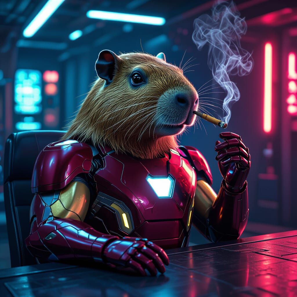 Capybara as Iron Man in Futuristic Neon City