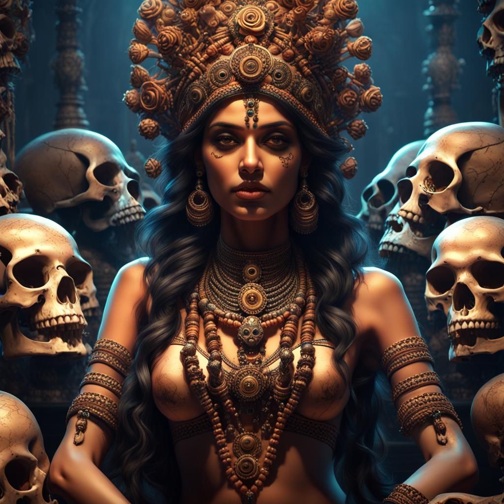 Hindu Goddess Amid Skulls: Hyper-Detailed 8K Image