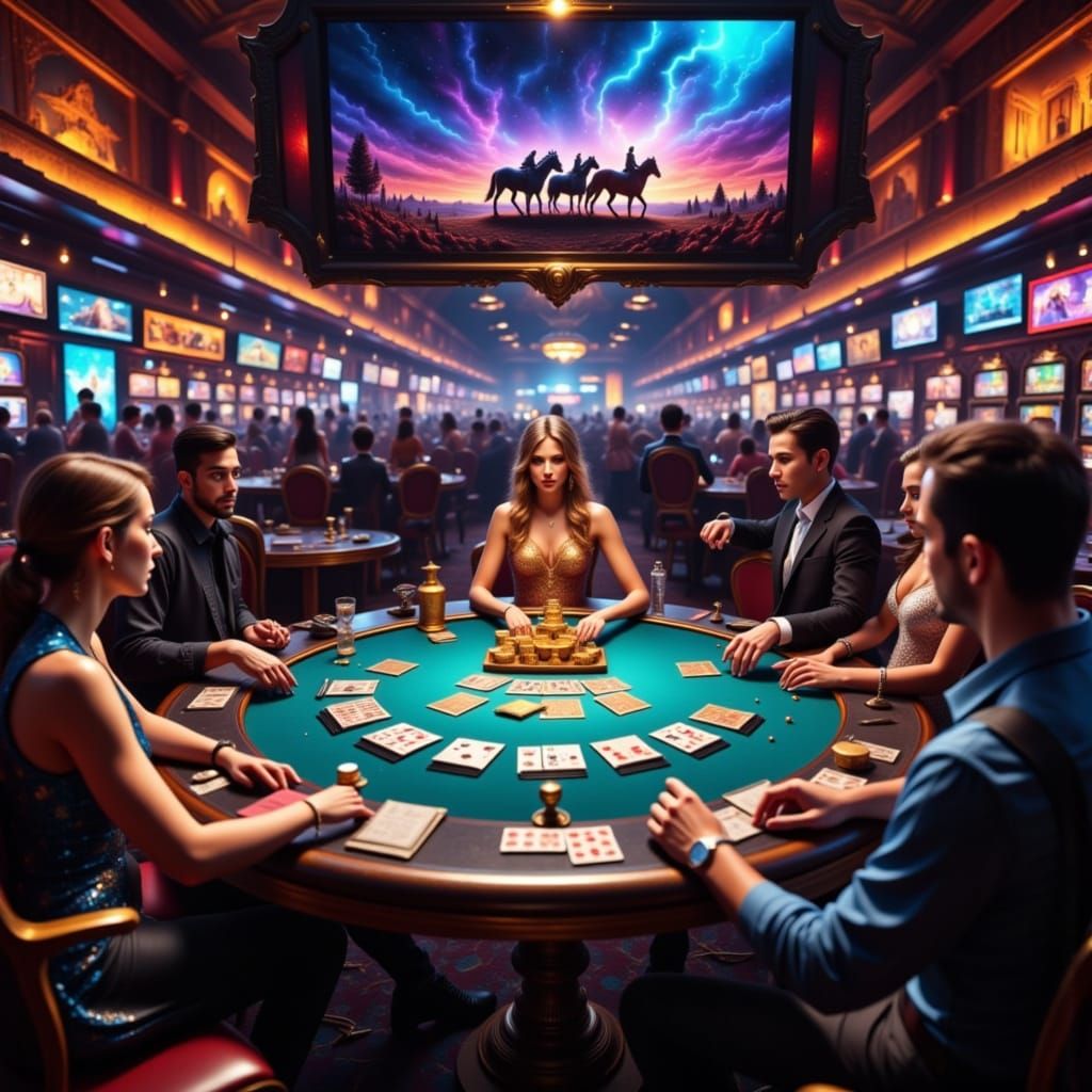 High Stakes Poker Game in Las Vegas Casino with Horse Racing