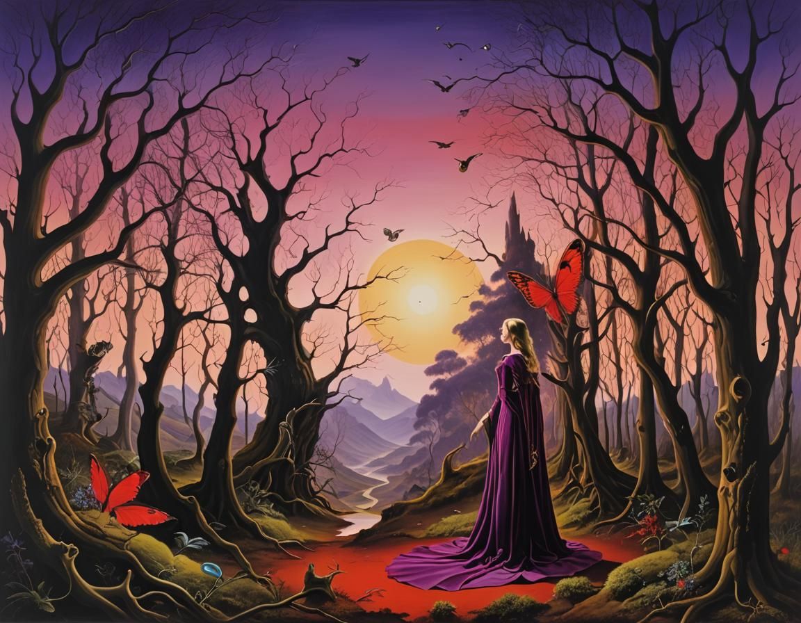 Surreal Forest: Crimson Sky, Velvet Gown, Oil on Canvas