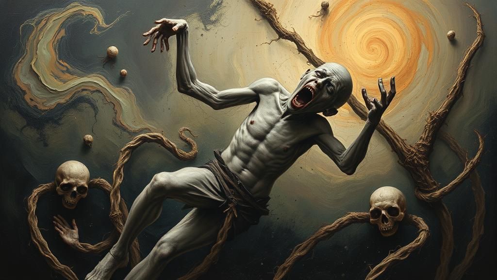 Frightened Figure in Dystopian Surrealist Nightmare