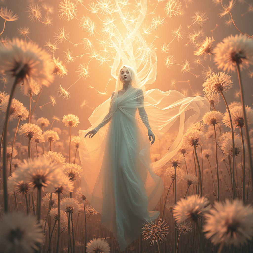 Ethereal Woman in Dandelion Dreamscape, Infrared Photography