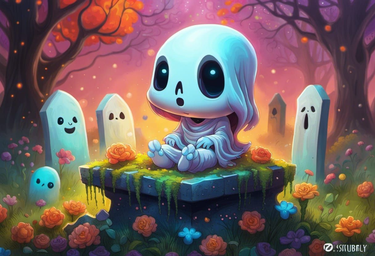 Cute Chibi Ghost on Tombstone: Hyperdetailed Digital Art