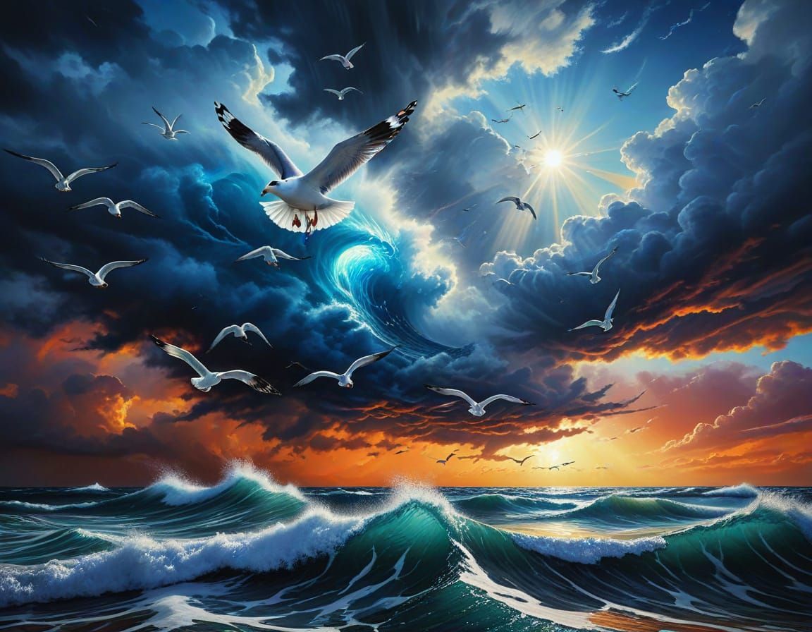 Seagulls Flying over Stormy Sunset: Airbrush Art