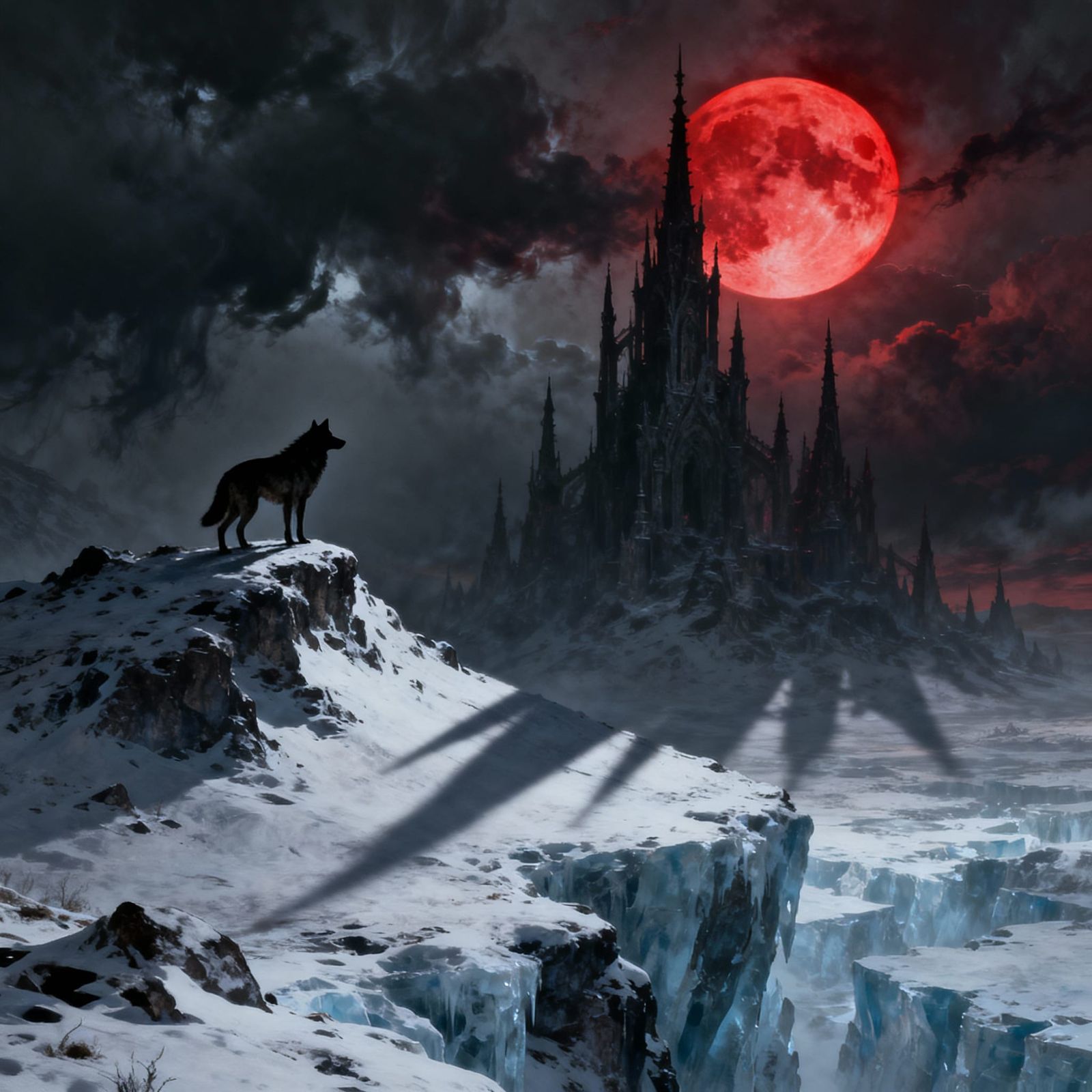 Lone Wolf Under Blood Moon in Gothic Wilderness