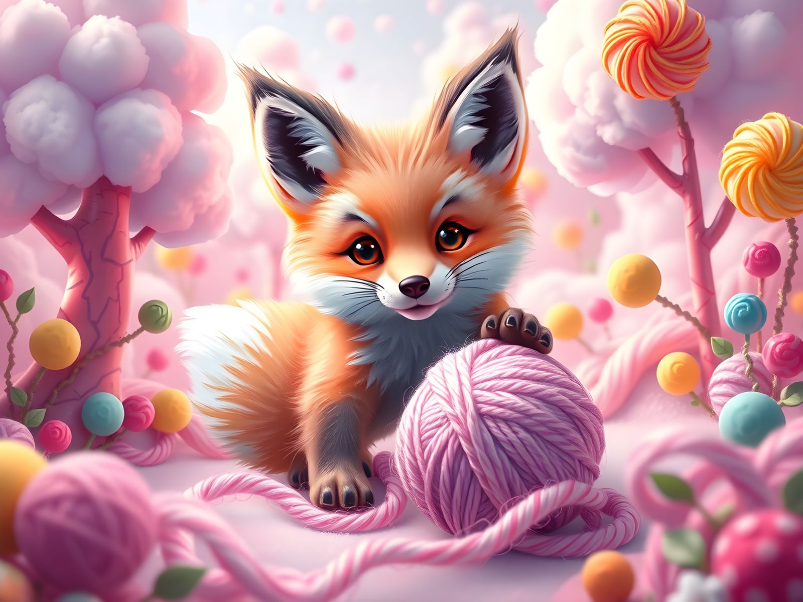 Fox Cub Plays with Yarn in Candy Art Style