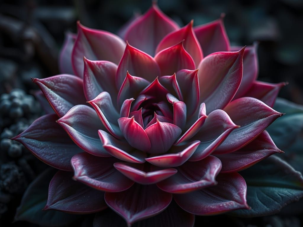 Hyperrealistic Sempervivum Succulent Blossom in a Dark Fanta...