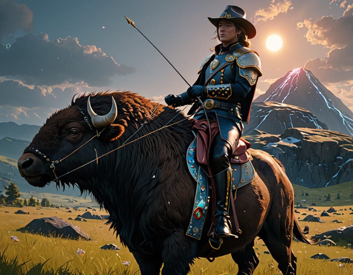 Regal Hunter Rides Bison Through Diamond Field