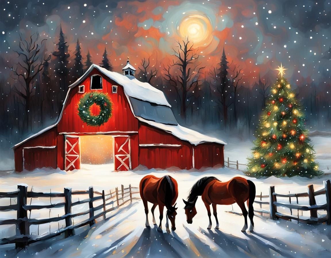 Christmas Barn in Wintery Van Gogh Style