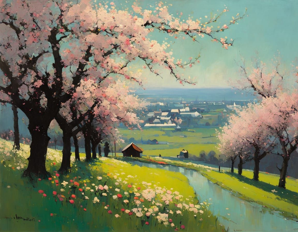 Blossoming Apple Orchard in Impressionist Style