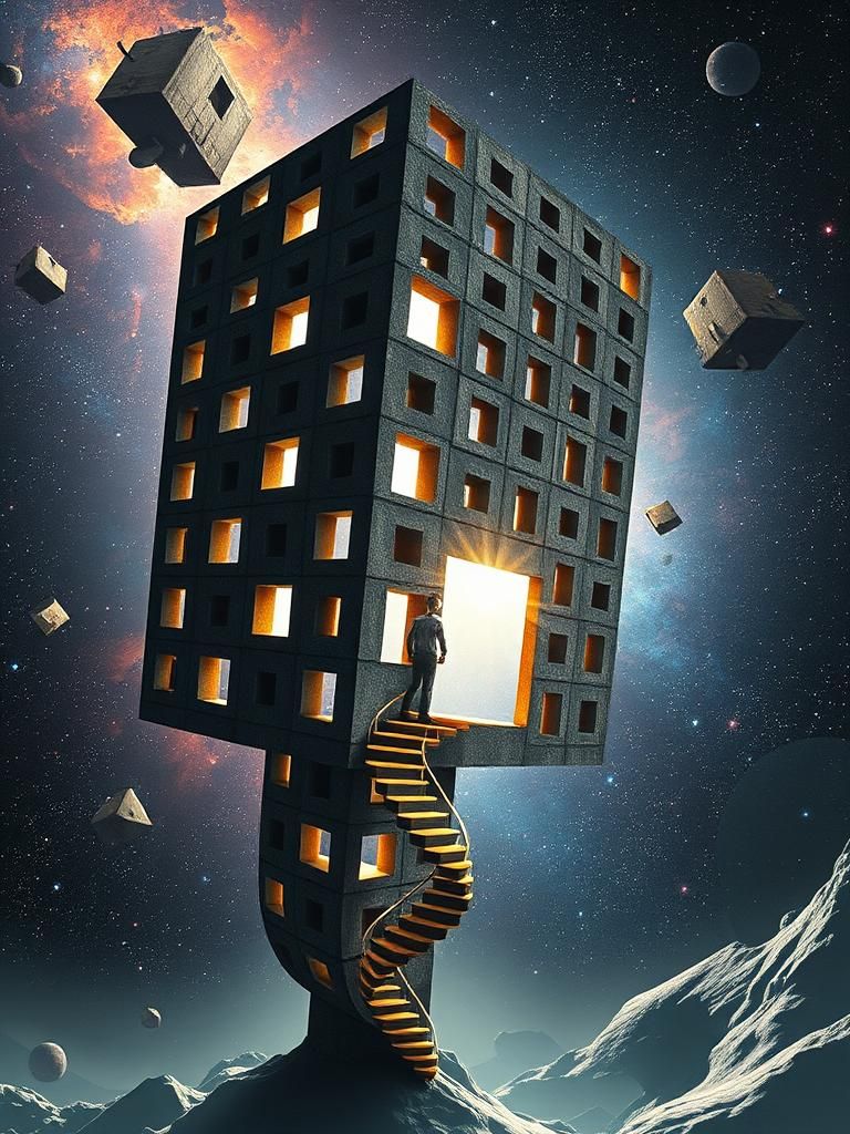 Surreal Human Figure with Spiral Staircases