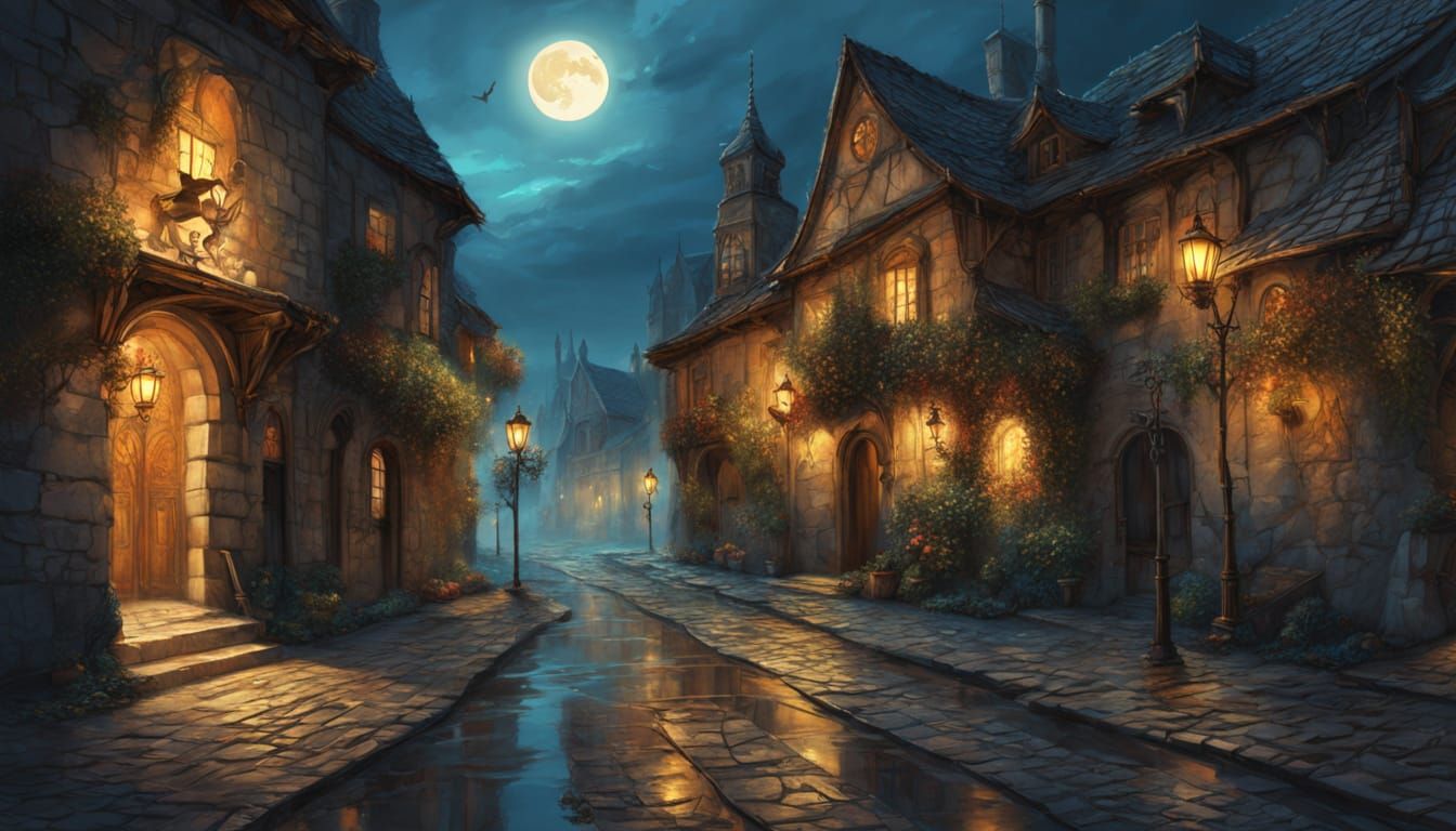 Medieval Street at Night: Lanterns, Moonlit Sky